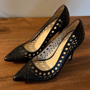 BCBG Generation Black Leather Cutout Heels Size 7 Pointed Toe Laser Cut Pumps